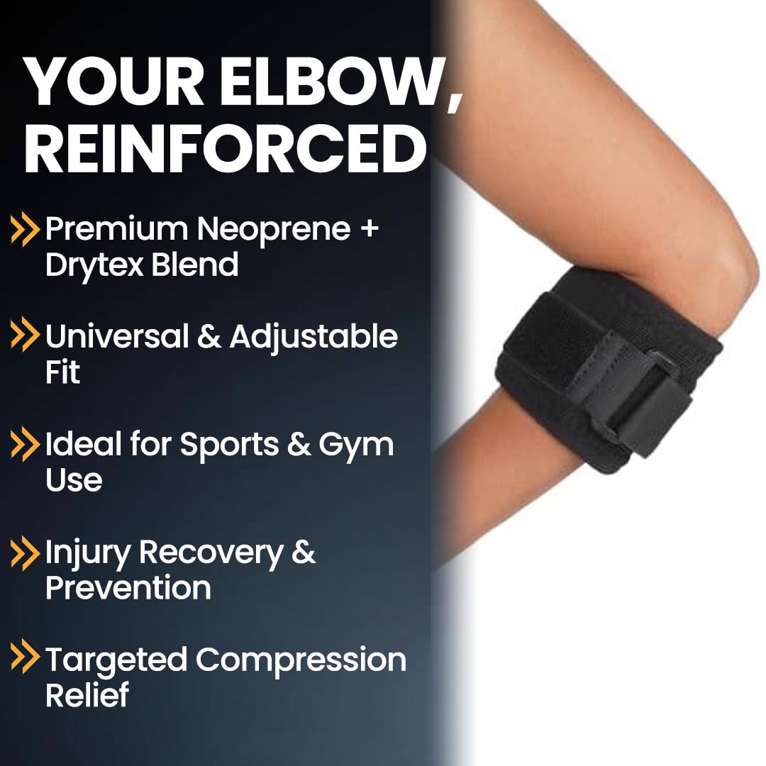Tennis Elbow Support Brace (Black, Universal Size) – Premium Neoprene Drytex Mix | Pain Relief Strap for Elbow Tendonitis, Golfer’s Elbow, Sports Injury & Gym Support
